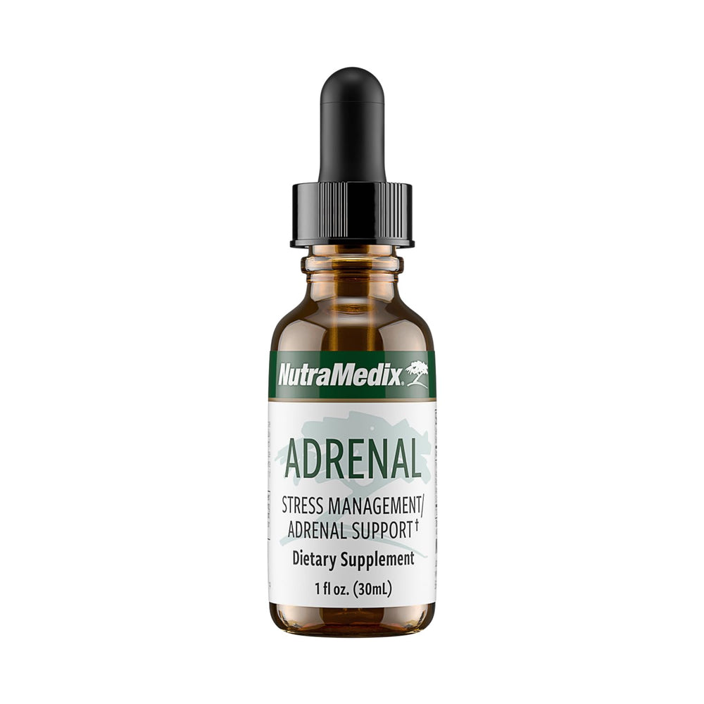 NutraMedix Adrenal Fatigue bottle front showing vegan adaptogen blend for steady energy.