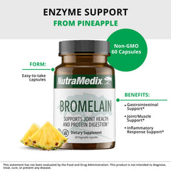 NutraMedix Bromelain label close-up shows pineapple stem origin and enzyme strength.