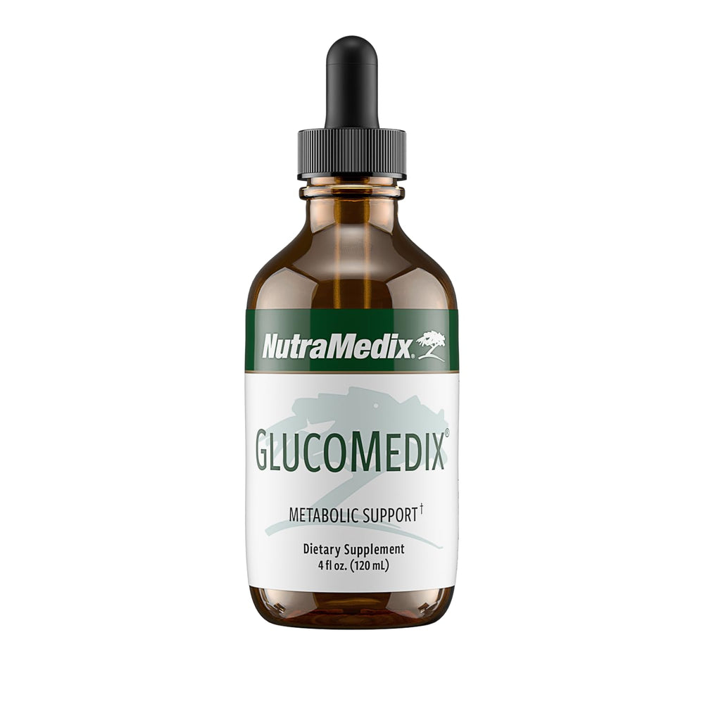 NutraMedix GlucoMedix bottle being poured for easy daily metabolic support.