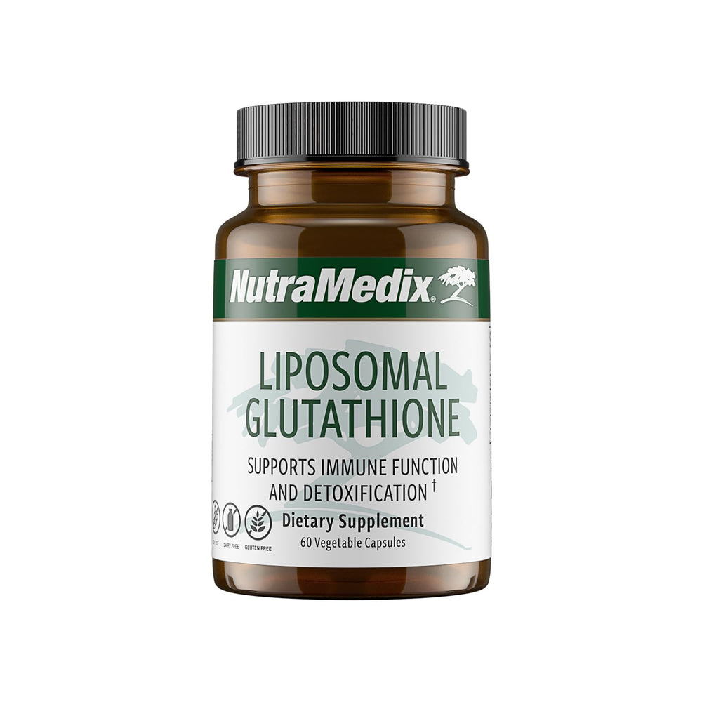 NutraMedix Liposomal Glutathione bottle with label highlighting detox and immunity support