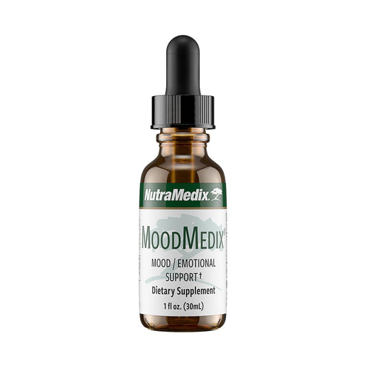 NutraMedix MoodMedix bottle being poured for easy daily mood support.