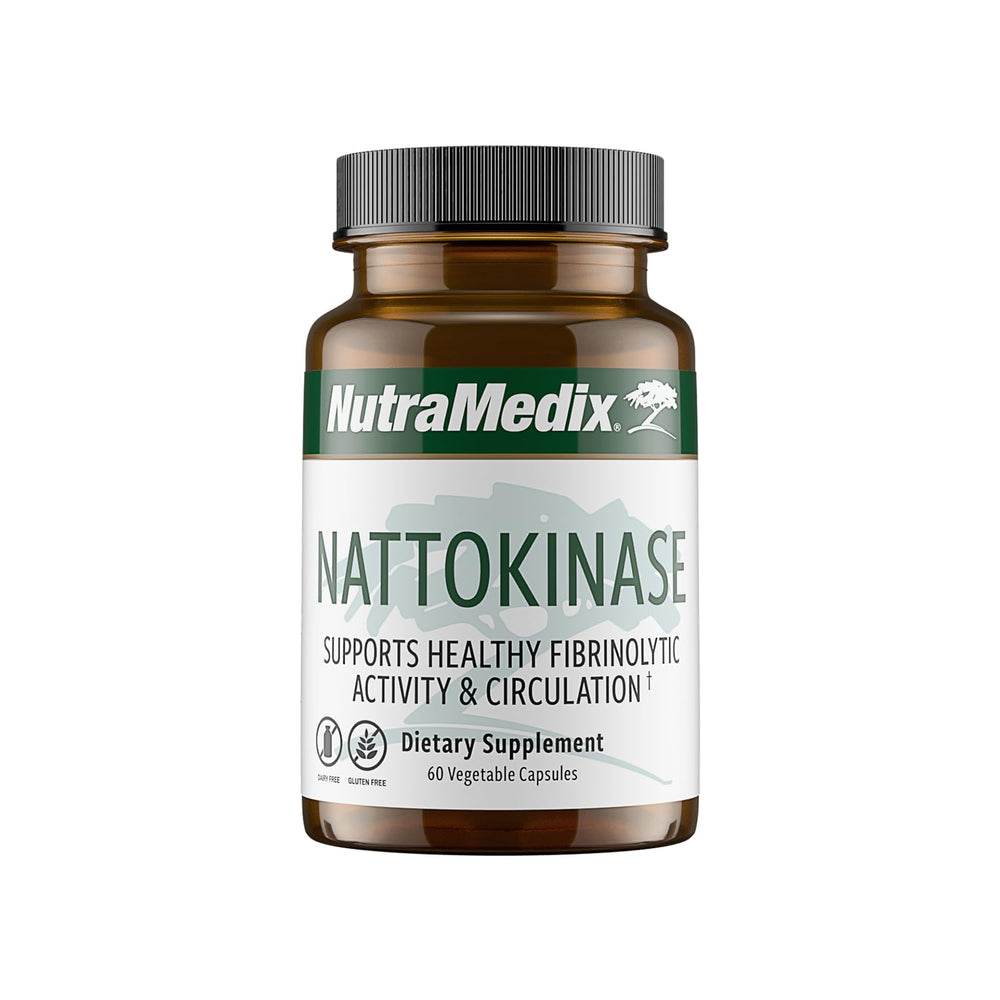 NutraMedix Nattokinase bottle with 60 capsules supports healthy circulation.