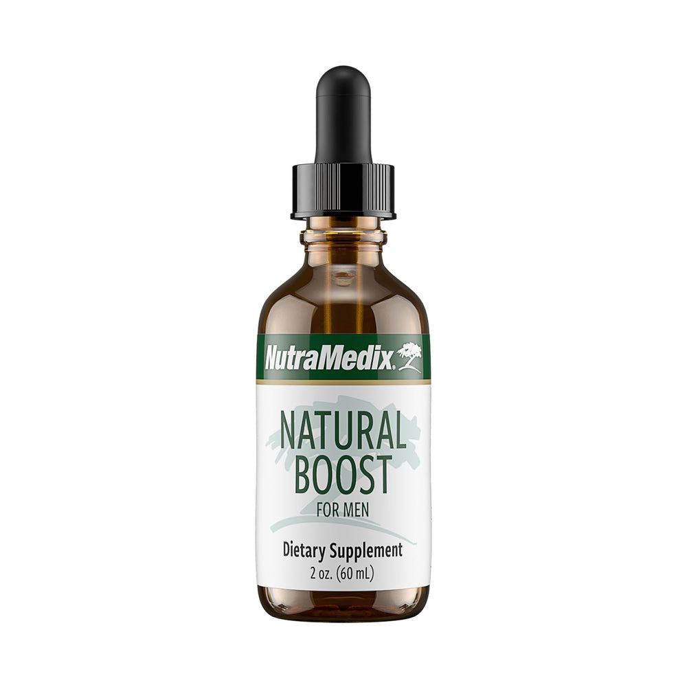 NutraMedix Natural Boost for Men bottle showing daily energy support.
