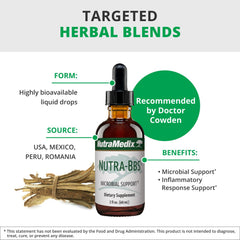 NutraMedix Nutra BBS bottle with blackberry leaves emphasizes gut-friendly herbal extracts.