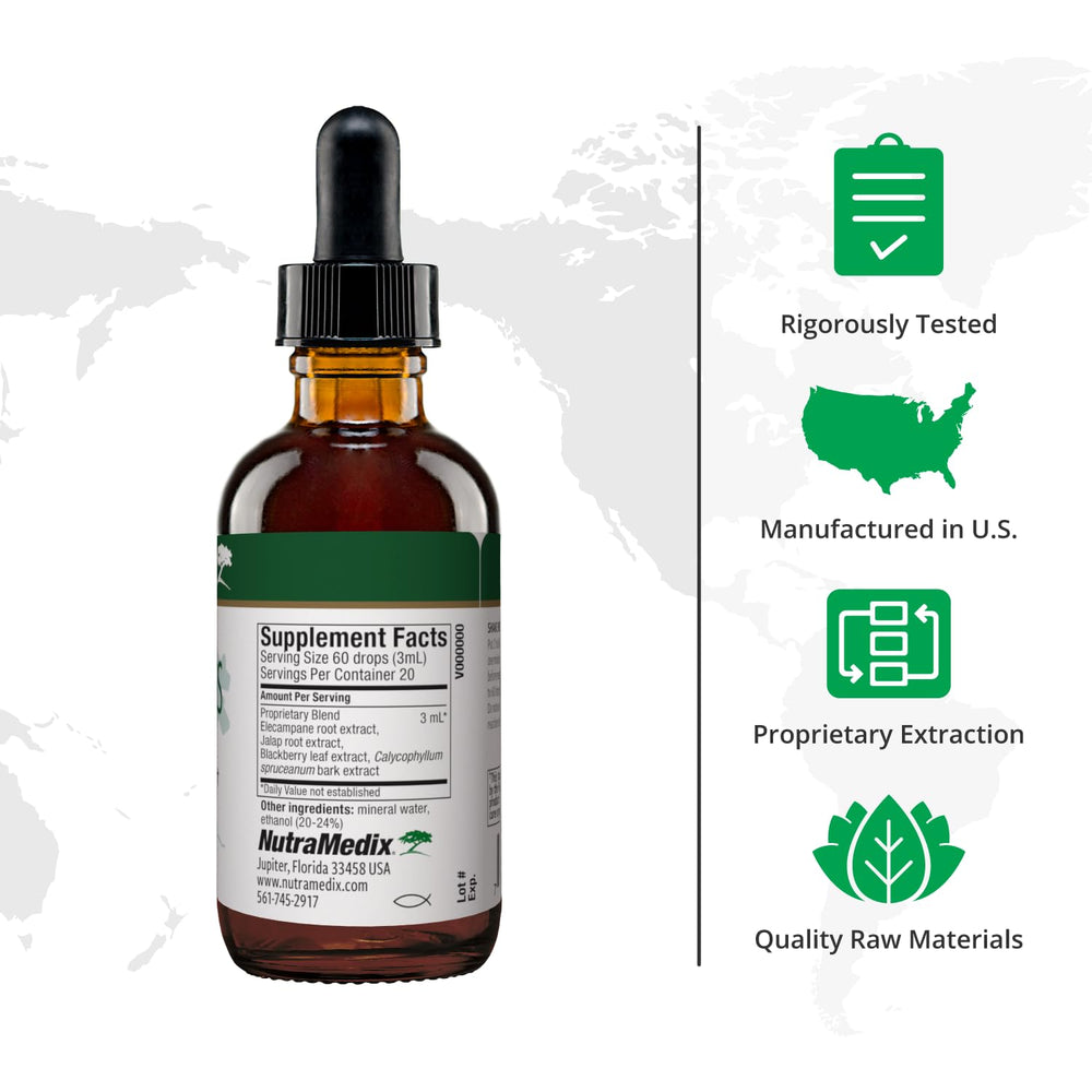 NutraMedix Nutra BBS bottle beside elecampane root highlights key herbal ingredients.