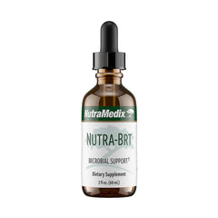 Nutramedix Nutra BRT bottle close-up for immune support and gut balance.