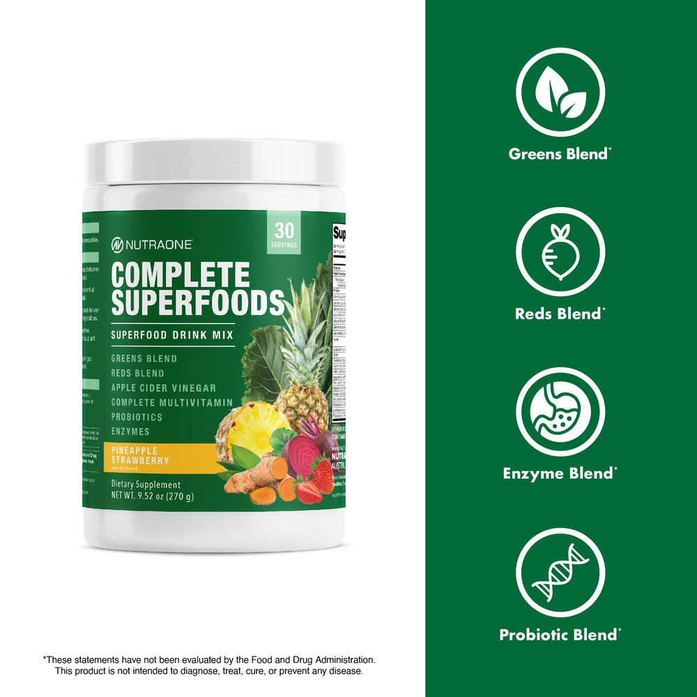 NutraOne Complete Superfoods ingredients close-up showing greens, reds, and enzymes