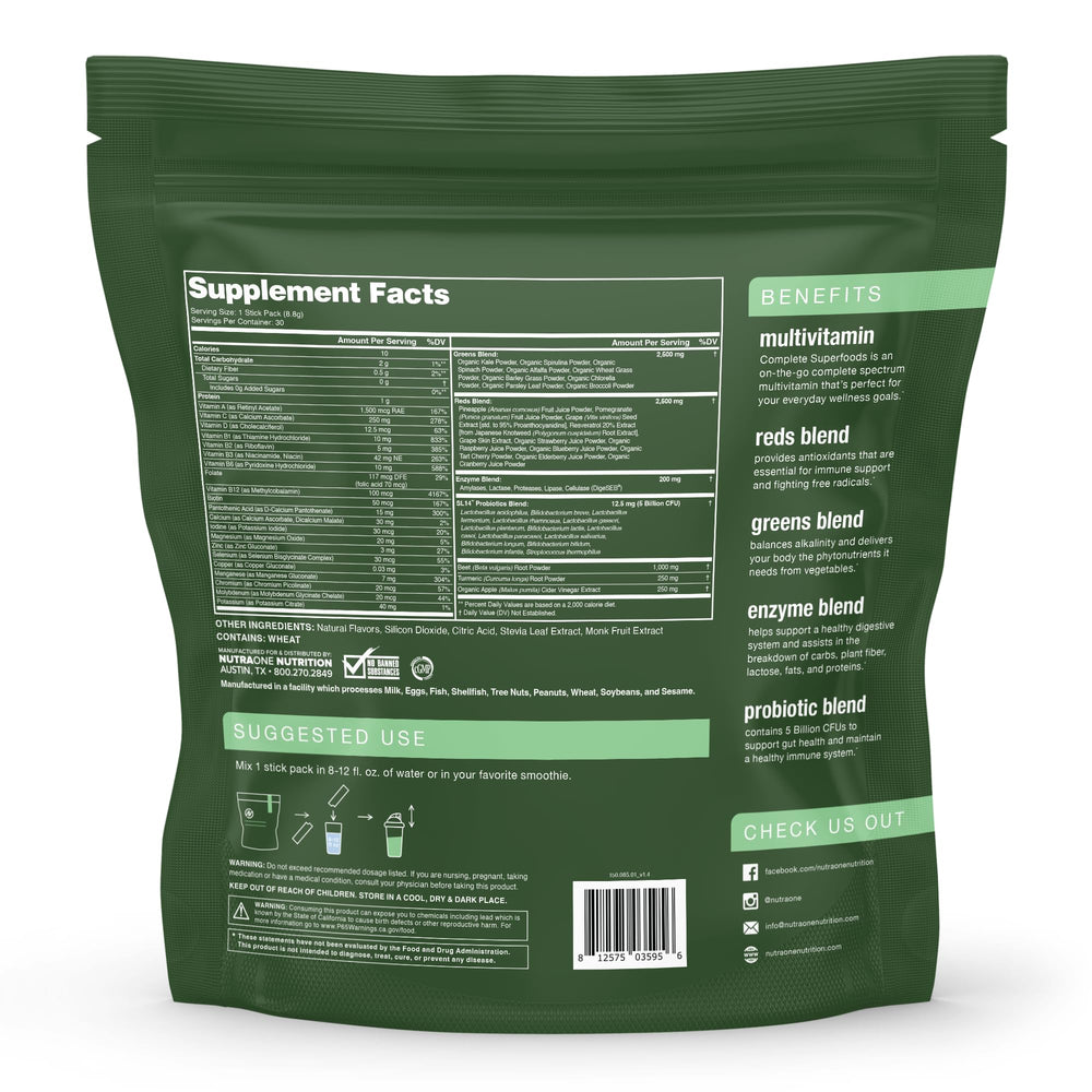 NutraOne Complete Superfoods jar package shown for convenient daily nutrition at home.