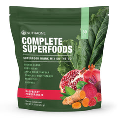 NutraOne Complete Superfoods stick pack for on-the-go nutrition and daily greens boost.