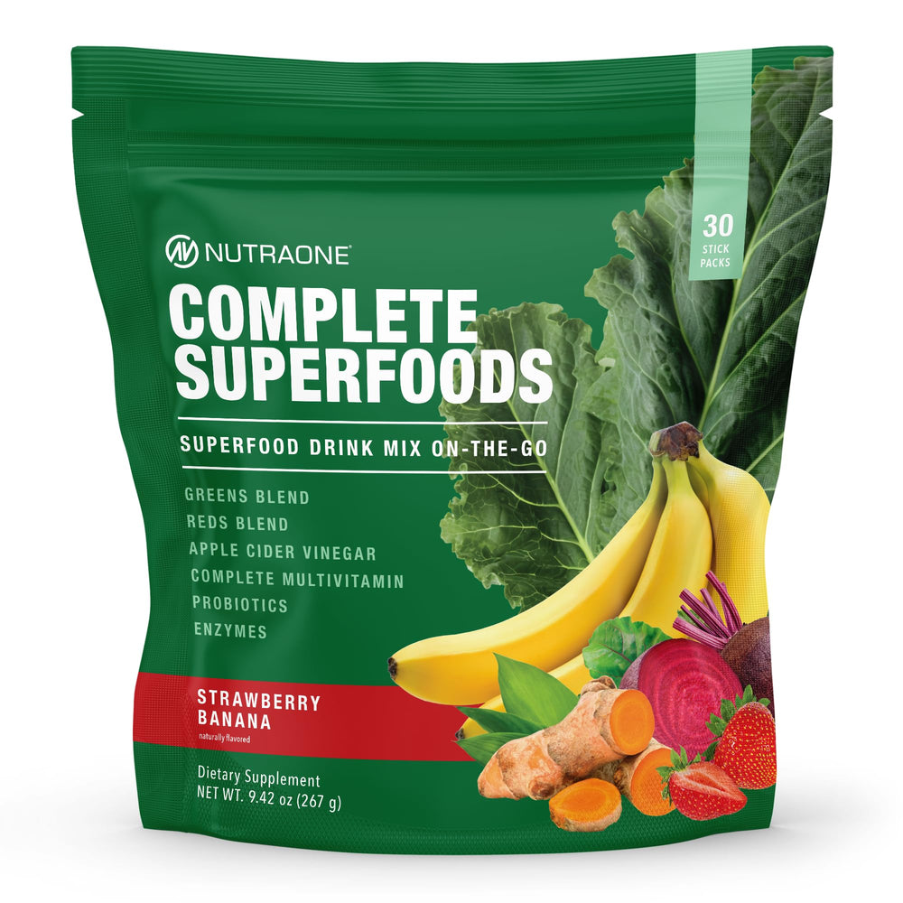 NutraOne Complete Superfoods strawberry banana stick pack for convenient daily nourishment.
