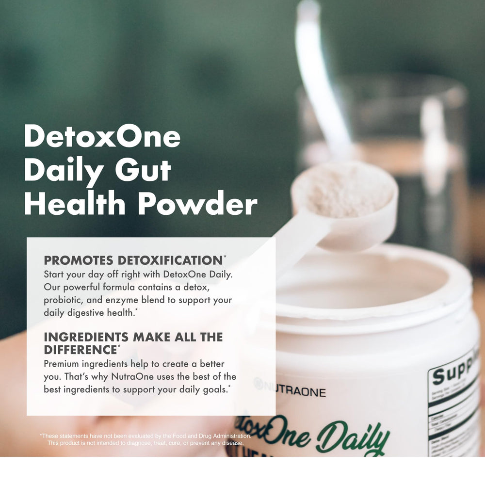 DetoxOne Daily powder being mixed in a glass for convenience.