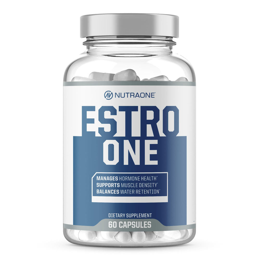 NutraOne EstroOne bottle front with capsules for hormone health support.