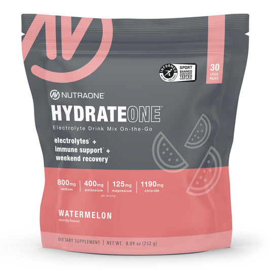 NutraOne HydrateOne watermelon bottle ready for convenient on-the-go hydration.