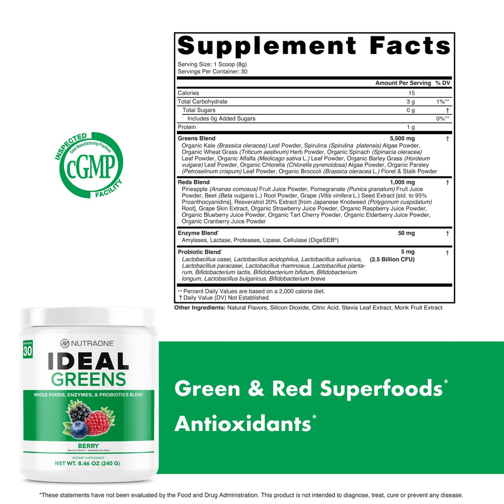 NutraOne Ideal Greens Berry fruit-berries-pineapple mix showcases fruity flavor and antioxidant variety.