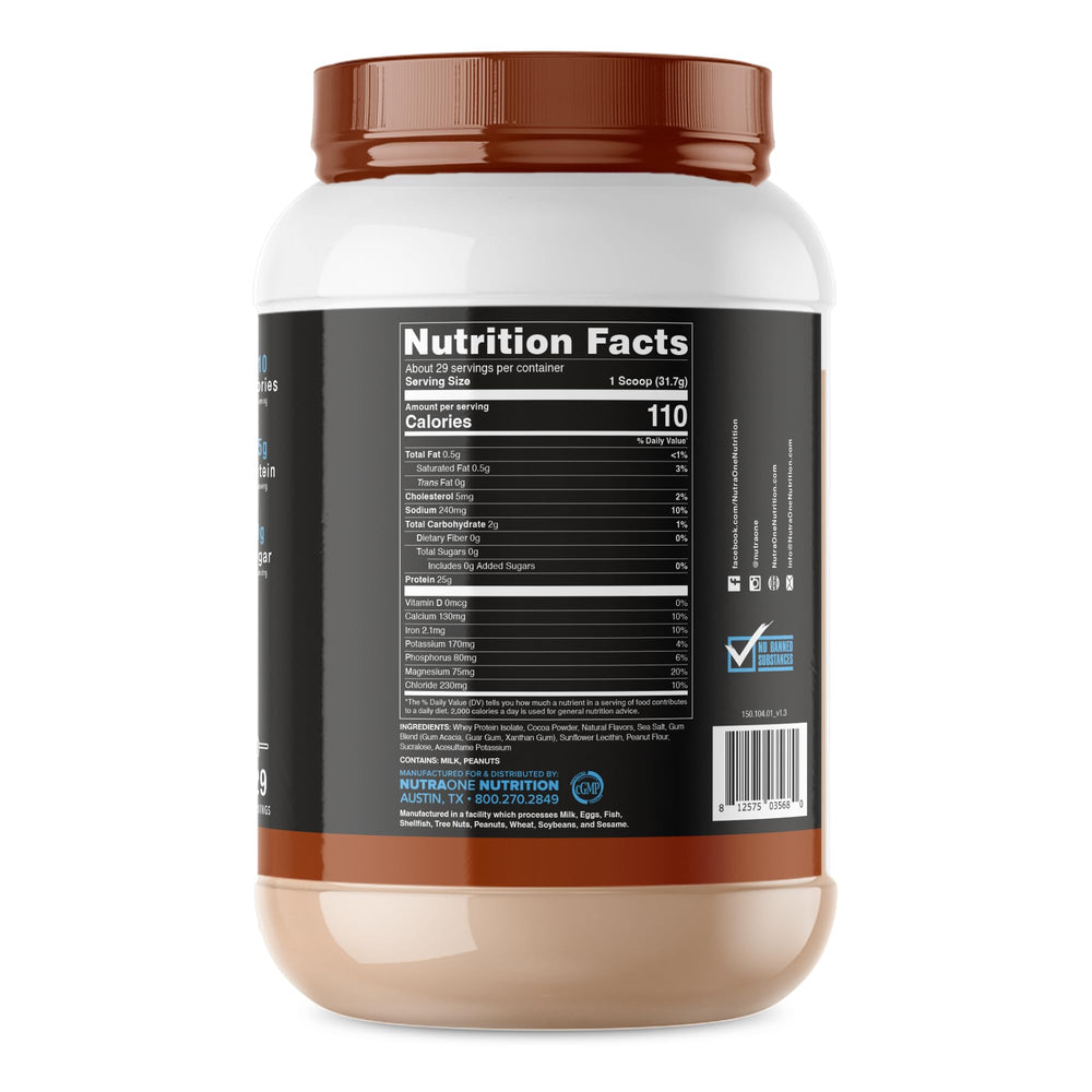 NutraOne IsolateOne powder scoop close-up emphasizes high-quality whey protein for shakes