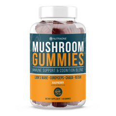 NutraOne Mushroom Gummies Raspberry bottle-front view for daily energy and focus.