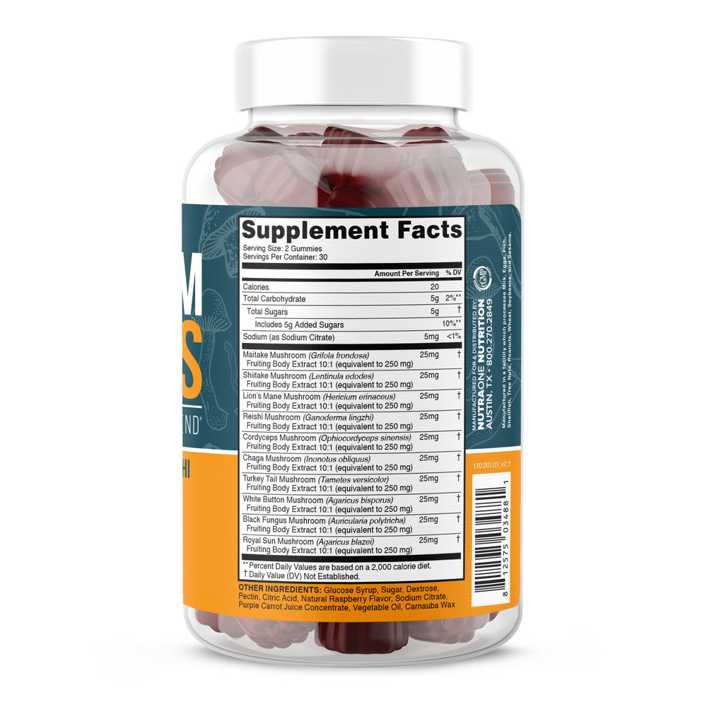 NutraOne Mushroom Gummies Raspberry gummy-closeup showing chewy texture for easy consumption.