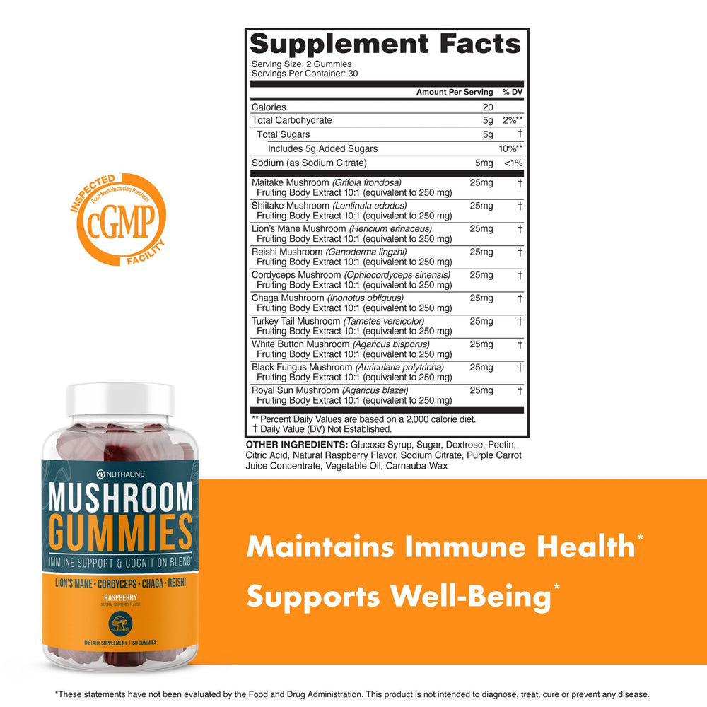 NutraOne Mushroom Gummies Raspberry ingredients-chart detailing 10-mushroom blend for cognitive support.