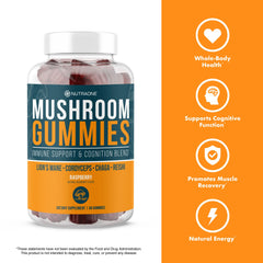 NutraOne Mushroom Gummies Raspberry serving-plate illustrating a suggested daily dose for whole-body wellness.