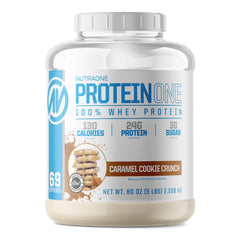 NutraOne ProteinOne Caramel Cookie Crunch packaging highlights premium whey protein for athletes.