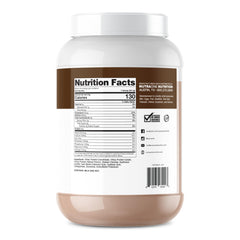 NutraOne ProteinOne label close-up highlighting 3g or less sugar per serving.