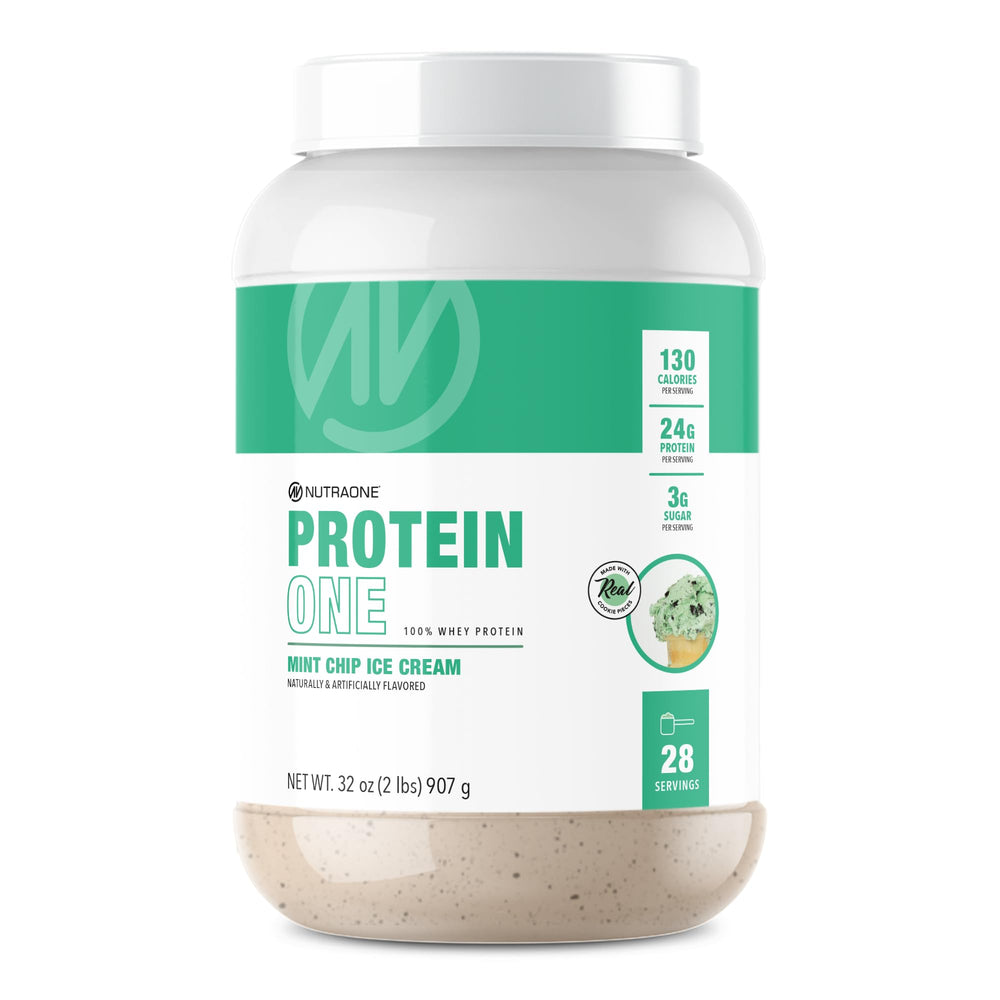 NutraOne ProteinOne mint chip ice cream powder jar for lean muscle support