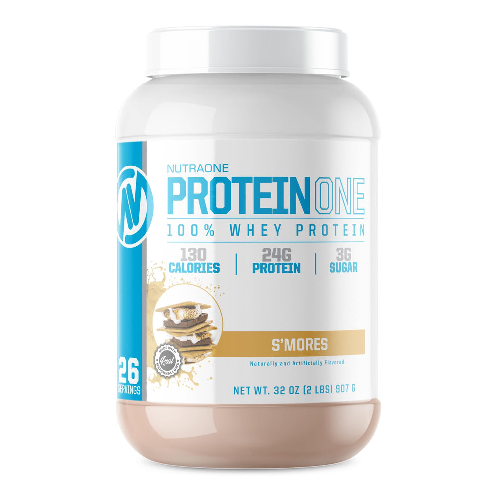 NutraOne ProteinOne S’Mores powder jar for post-workout recovery and muscle support