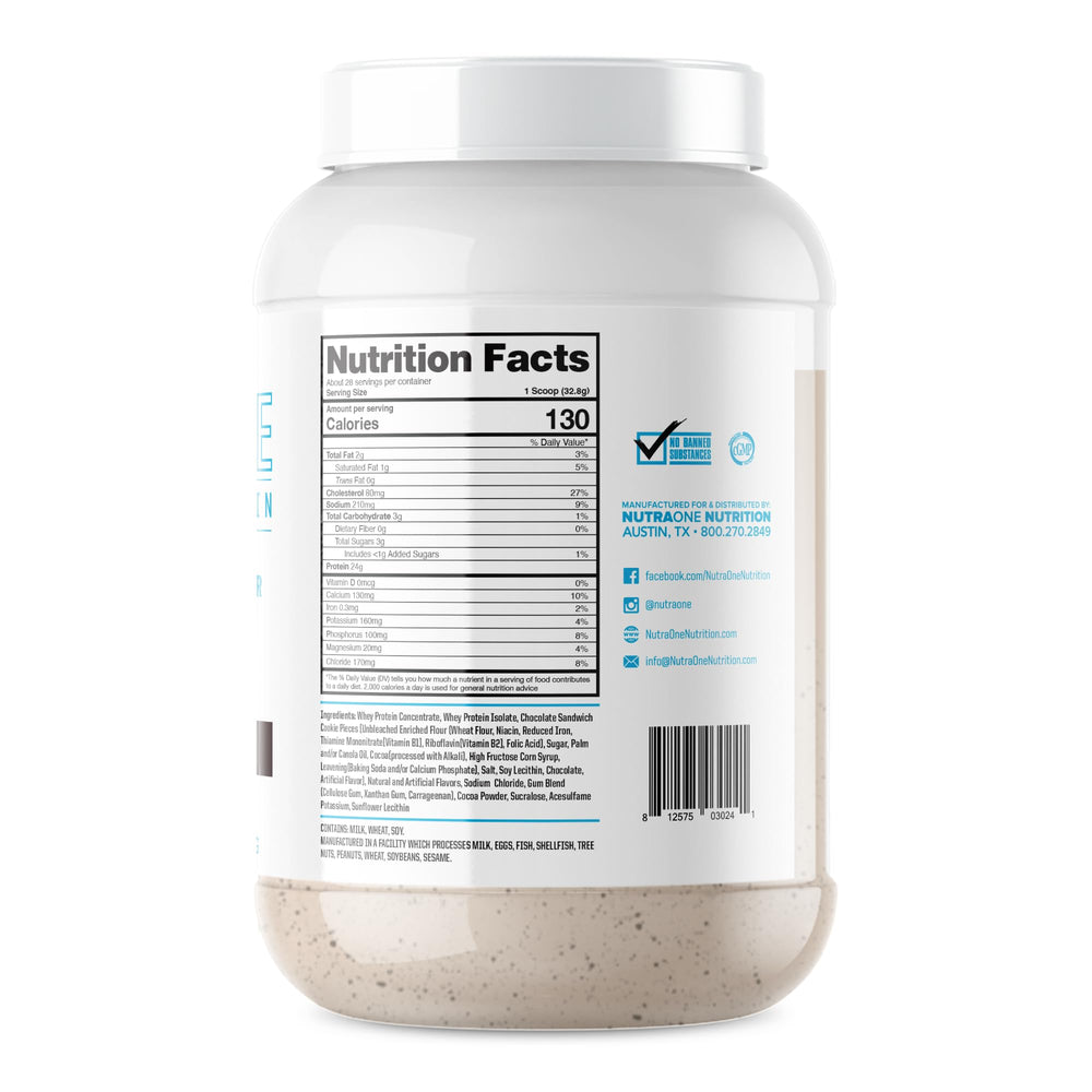 NutraOne ProteinOne whey microfiltered label showcasing high protein, low lactose
