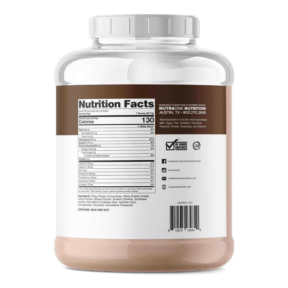 NutraOne ProteinOne whey powder scoop demonstrates 24 g protein per serving