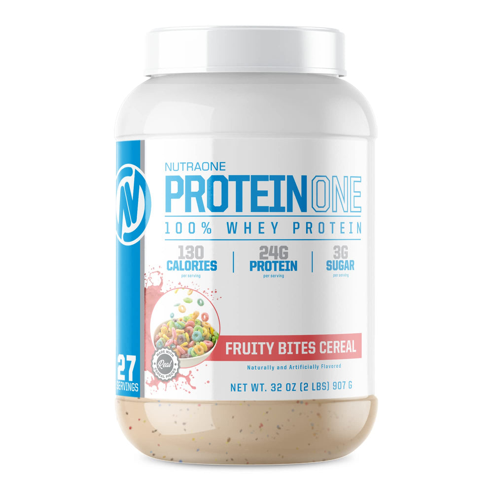 NutraOne ProteinOne tub with Fruity Bites Cereal flavor for post-workout protein
