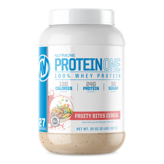NutraOne ProteinOne tub with Fruity Bites Cereal flavor for post-workout protein
