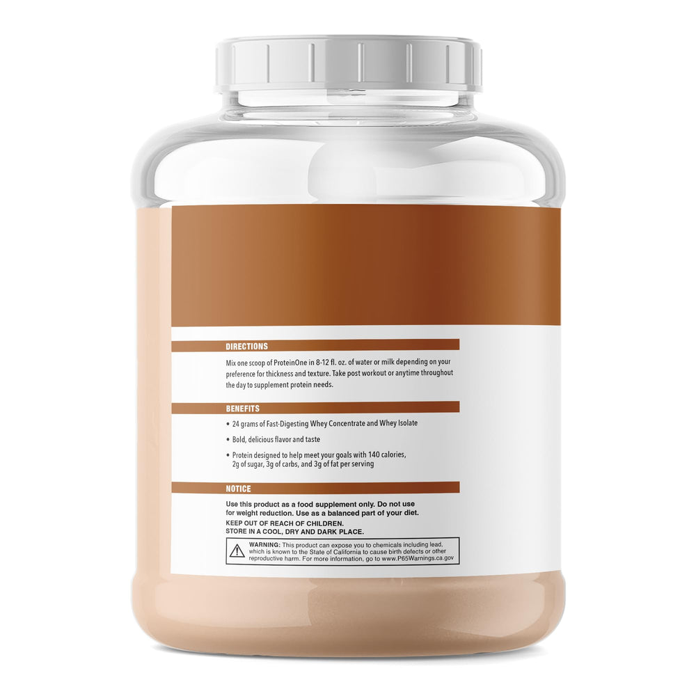 Close-up of NutraOne ProteinOne label highlighting low sugar per serving