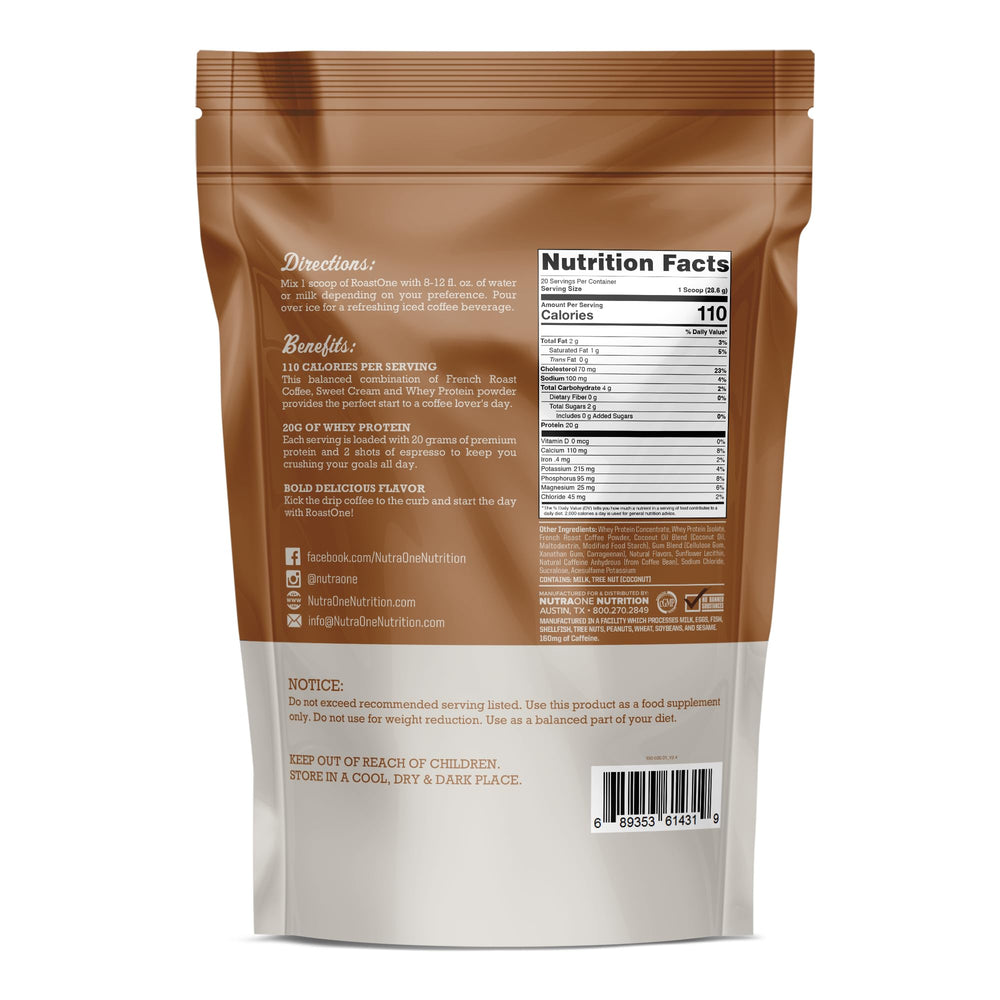 NutraOne RoastOne scoop beside powder highlighting 20g protein per serving.