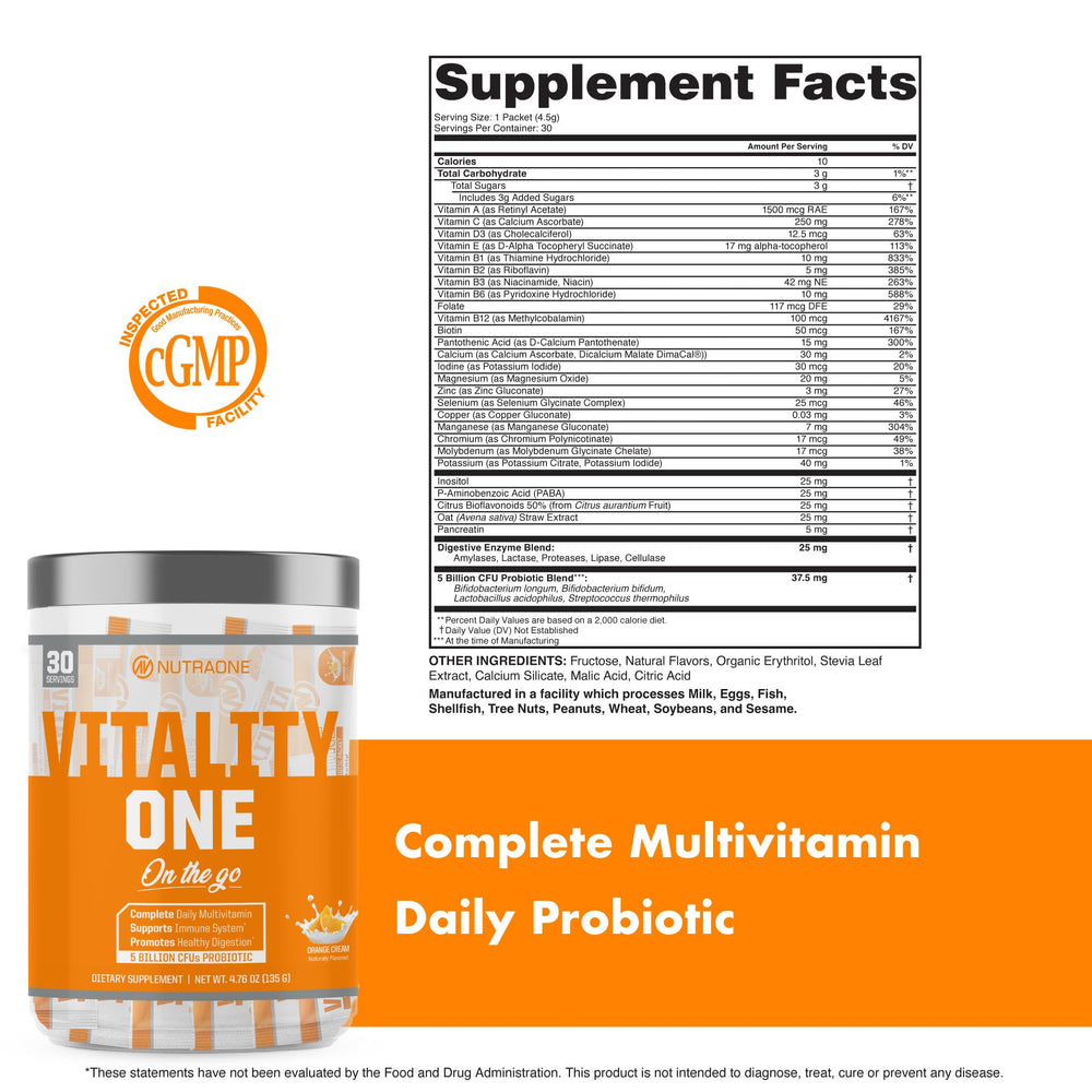 NutraOne VitalityOne 30-serving packaging highlighting convenient daily use.