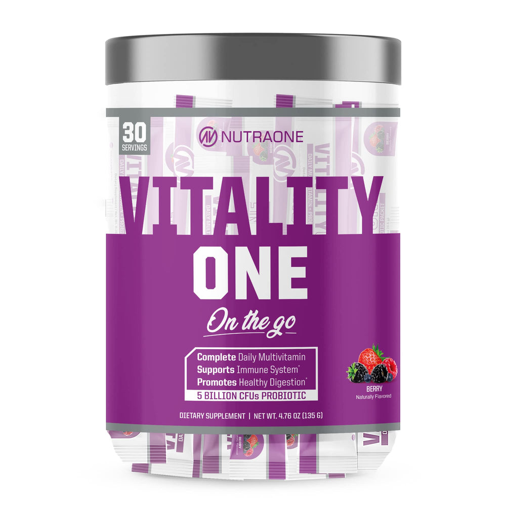 NutraOne VitalityOne On the Go Berry packet ready to mix for daily nutrition