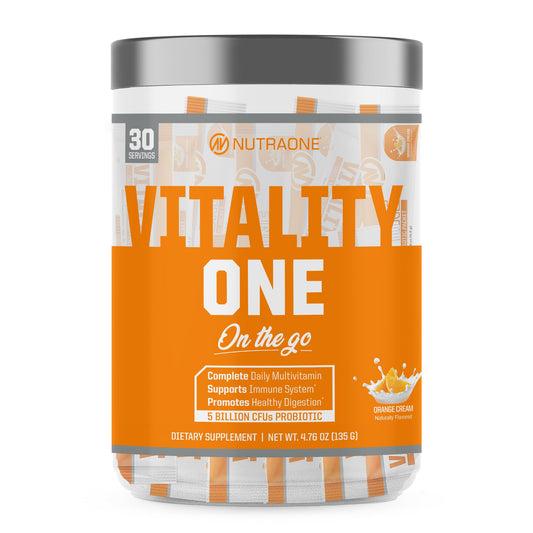 NutraOne VitalityOne orange cream bottle for on-the-go daily nutrition.