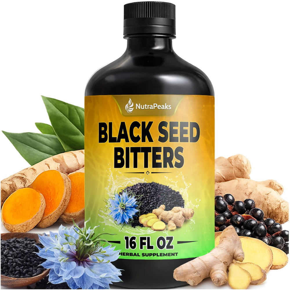 NutraPeaks Black Seed Oil Bitters bottle showing premium wellness blend