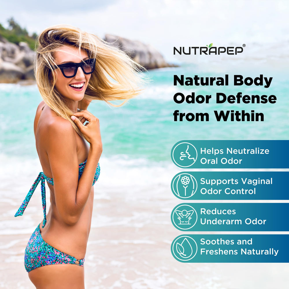 NutraPep chlorophyll-complex capsules highlighting natural odor support.
