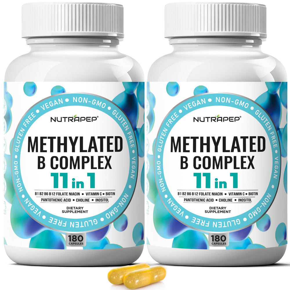 NutraPep Methylated B Complex bottle label highlights 11 essential nutrients for daily energy