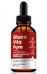 NutraRize GlucoVita Pure bottle shows all-natural drops for potential circulation support.