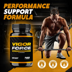 NutraRize Vigor Force male vitality bottle on desk with workout gear nearby for on-the-go energy