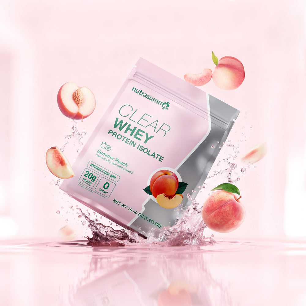 Nutrasumma Clear Whey Peach quick-mix image showing fast-dissolving formula