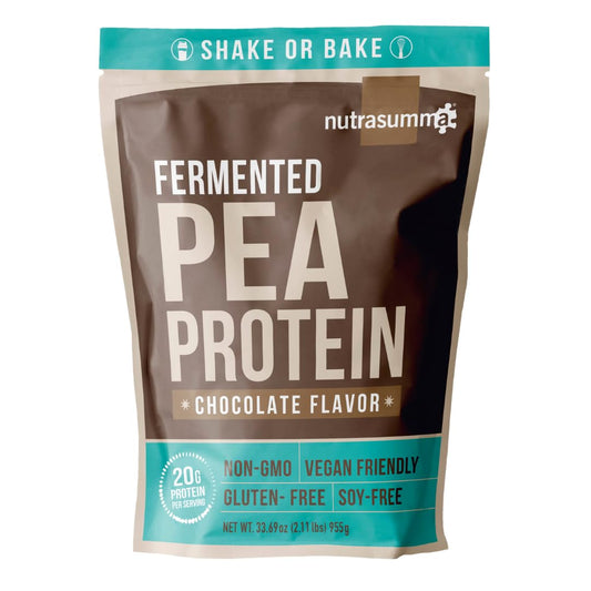 Nutrasumma chocolate pea protein powder tub highlighting dairy-free formula for vegan diets