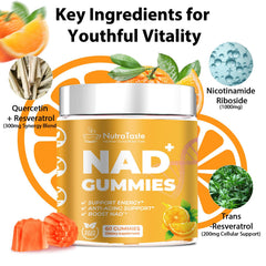 NUTRATASTE NAD⁺ Gummies close-up of orange chews with bright flavor.