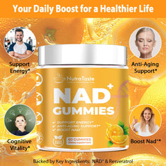 NUTRATASTE NAD⁺ Gummies packaging highlighting 60-count bottle.