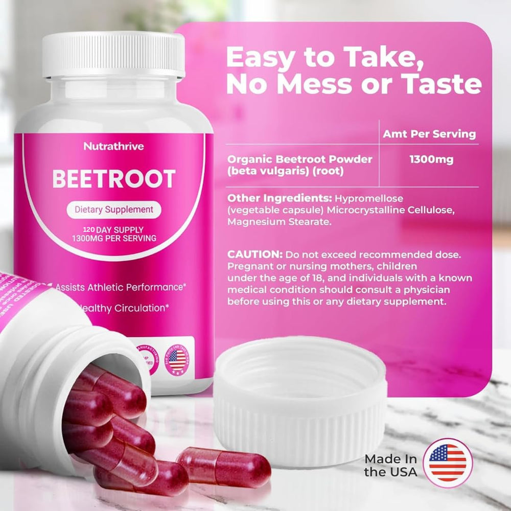 Nutrathrive beetroot capsules pack highlighting naturally occurring nitrates.