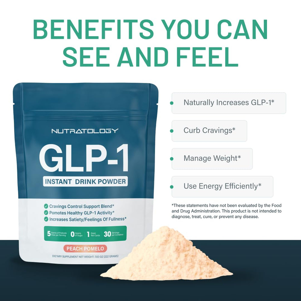 Nutratology GLP-1 Booster fiber-rich powder close-up showing chicory inulin for gut support.