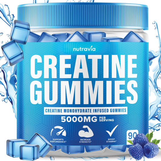 Nutravia Creatine Gummies bottle front, vegan formula highlighted.
