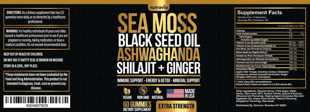 Nutravia Sea Moss Gummies 13-in-1 formula highlights the multi-ingredient blend