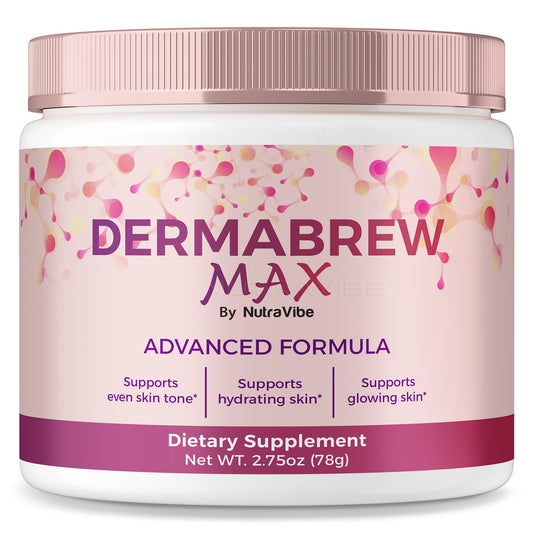 NutraVibe DermaBrew Max powder tub with premium packaging and smooth powder texture for hydration